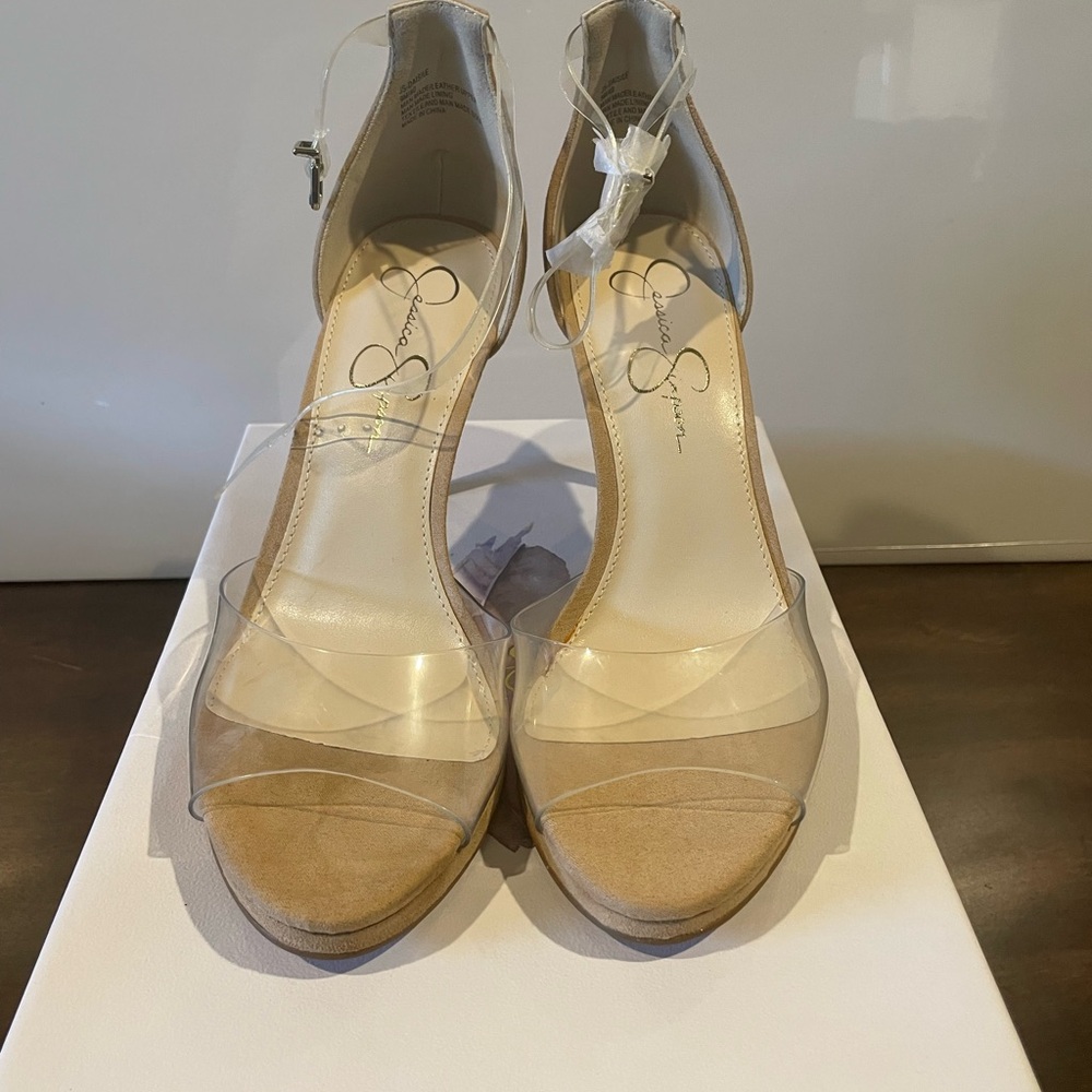 Jessica Simpson Transparent Strap Tan Heels. Size 9